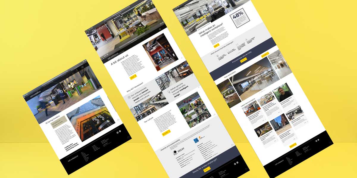 interior and workplace website design pages on a yellow background