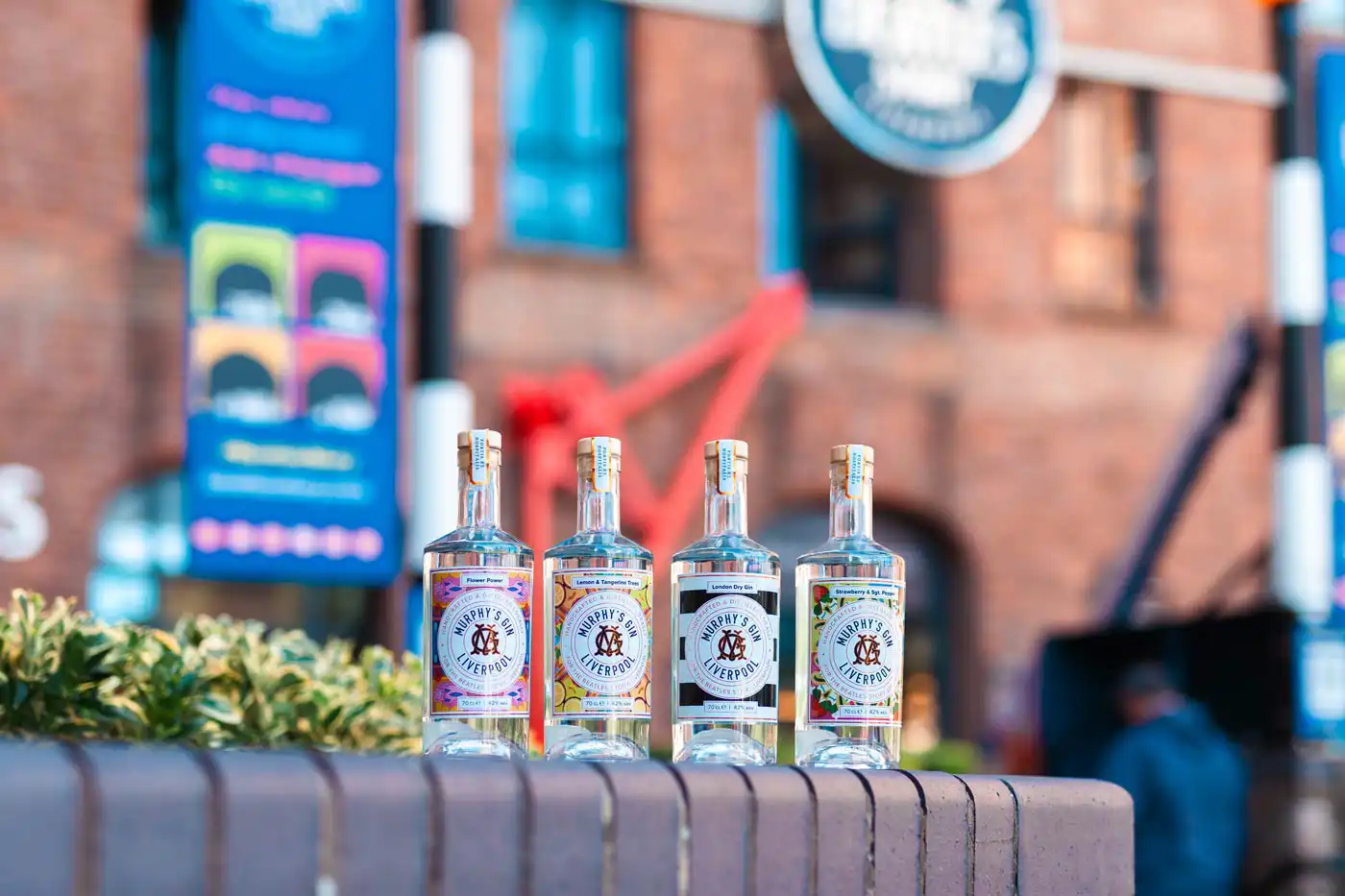 4 gin bottles on a wall outside Liverpool museum